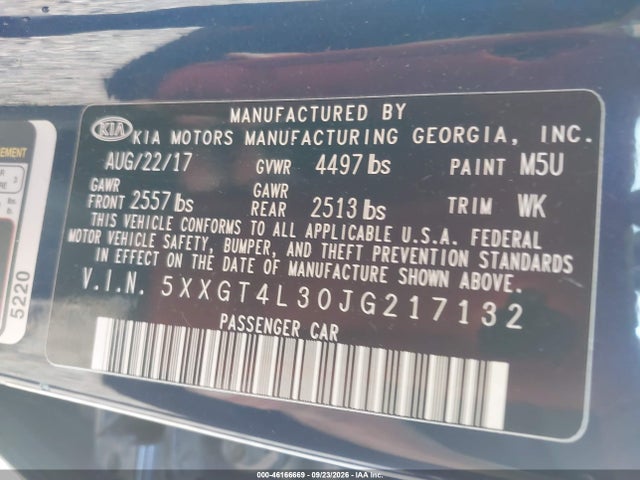 2018 Kia Optima S მანქანა იყიდება აუქციონზე, vin: 5XXGT4L30JG217132, აუქციონის ნომერი: 46166669