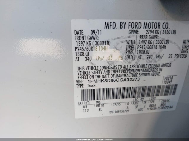 46166698 :رقم المزاد ، 1FMHK8D86CGA32373 vin ، 2012 Ford Explorer Xlt مزاد بيع