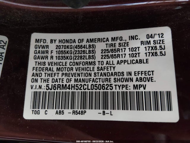Продажа на аукционе авто 2012 Honda Cr-v Ex, vin: 5J6RM4H52CL050625, номер лота: 46166705