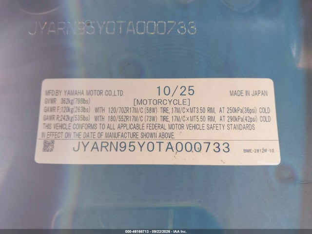 2026 Yamaha Mt09 Sp მანქანა იყიდება აუქციონზე, vin: JYARN95Y0TA000733, აუქციონის ნომერი: 46166713