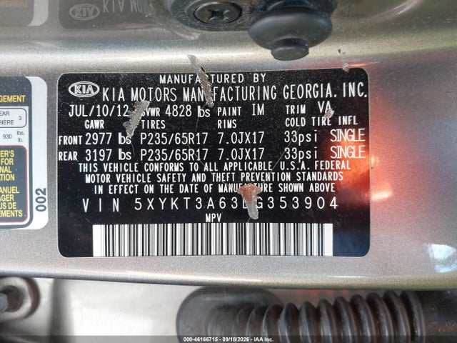 Продаж на аукціоні авто 2013 Kia Sorento Lx, vin: 5XYKT3A63DG353904, номер лоту: 46166715