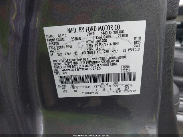 2011 Mercury Mariner მანქანა იყიდება აუქციონზე, vin: 4M2CN8B73BKJ02420, აუქციონის ნომერი: 46166717