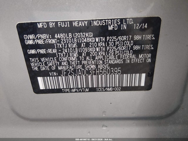46166718 :رقم المزاد ، JF2SJADC3FH560395 vin ، 2015 Subaru Forester 2.5i Premium مزاد بيع