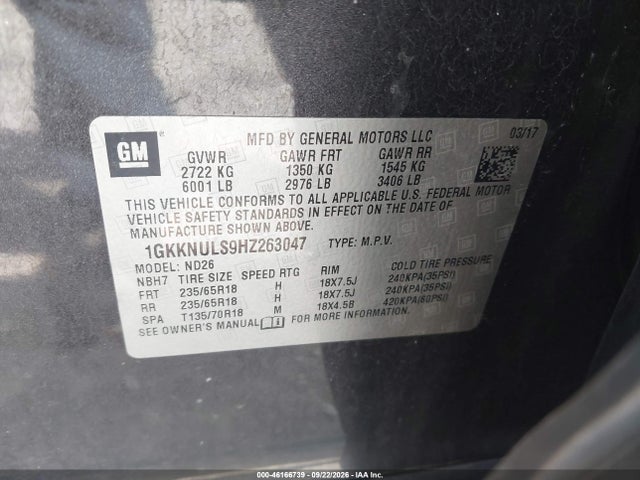 46166739 :رقم المزاد ، 1GKKNULS9HZ263047 vin ، 2017 Gmc Acadia Slt-1 مزاد بيع