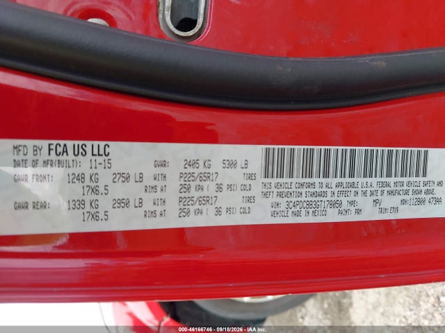 46166746 :رقم المزاد ، 3C4PDCBB3GT178050 vin ، 2016 Dodge Journey Sxt مزاد بيع