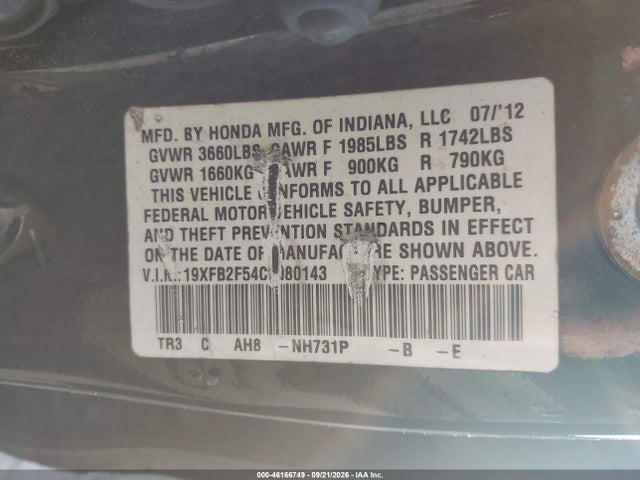 Aukcja sprzedaży 2012 Honda Civic Lx, vin: 19XFB2F54CE080143, numer aukcji: 46166749