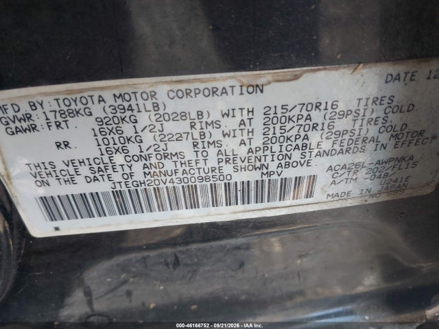 46166752 :رقم المزاد ، JTEGH20V430098500 vin ، 2003 Toyota Rav4 مزاد بيع