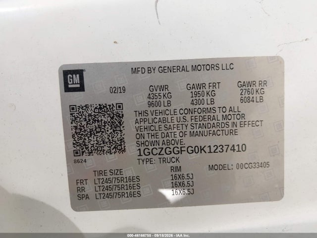 Aukcja sprzedaży 2019 Chevrolet Express 3500 Work Van, vin: 1GCZGGFG0K1237410, numer aukcji: 46166755
