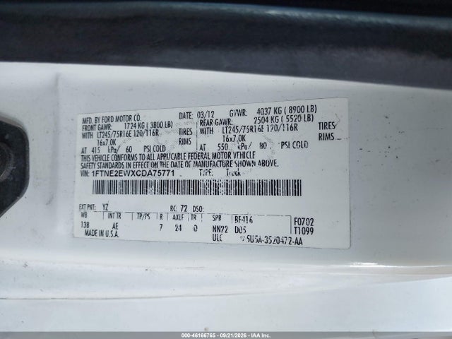 Продаж на аукціоні авто 2012 Ford E-250 Commercial, vin: 1FTNE2EWXCDA75771, номер лоту: 46166765