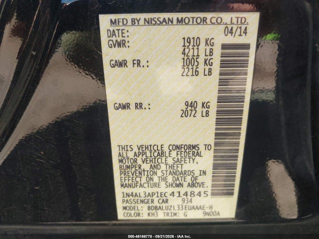 Aukcja sprzedaży 2014 Nissan Altima 2.5 Sv, vin: 1N4AL3AP1EC414845, numer aukcji: 46166778