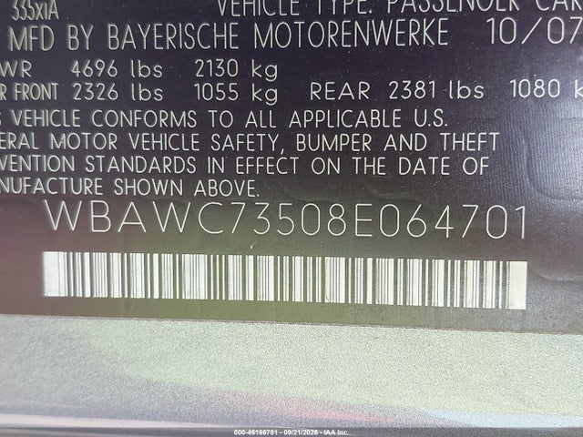 Продажа на аукционе авто 2008 Bmw 335xi, vin: WBAWC73508E064701, номер лота: 46166781