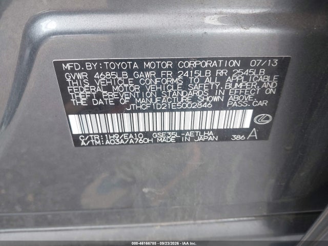 Aukcja sprzedaży 2014 Lexus Is 250, vin: JTHCF1D21E5002846, numer aukcji: 46166785