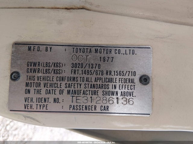 1978 Toyota Corolla მანქანა იყიდება აუქციონზე, vin: TE31286136, აუქციონის ნომერი: 46166784