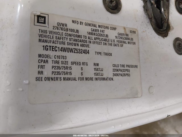 1998 Gmc Sierra 2500 Hd Sl მანქანა იყიდება აუქციონზე, vin: 1GTGK24R2WZ548910, აუქციონის ნომერი: 46166786