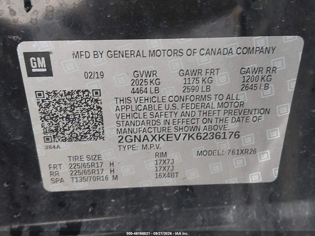 Aukcja sprzedaży 2019 Chevrolet Equinox Lt, vin: 2GNAXKEV7K6236176, numer aukcji: 46166821