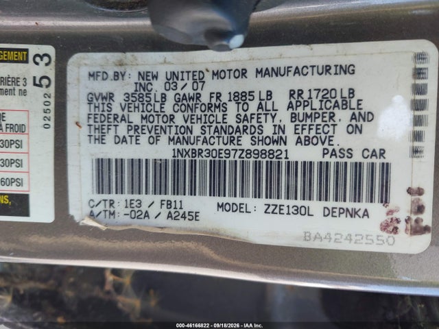 Aukcja sprzedaży 2007 Toyota Corolla Le, vin: 1NXBR30E97Z898821, numer aukcji: 46166822