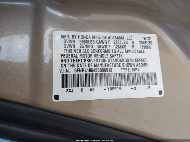 46166872 :رقم المزاد ، 5FNRL18642B006918 vin ، 2002 Honda Odyssey Ex مزاد بيع