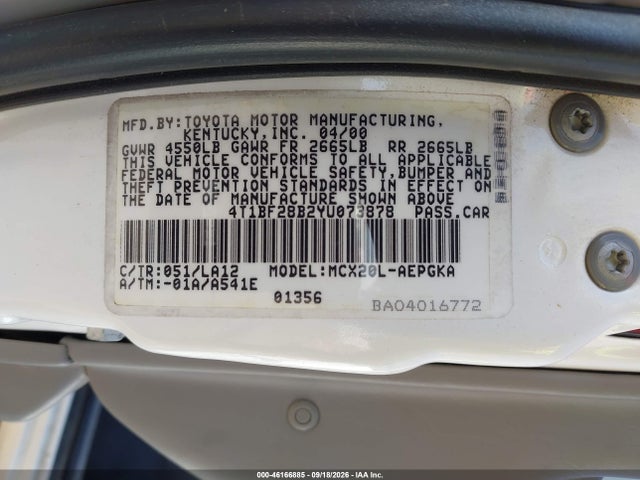 46166885 :رقم المزاد ، 4T1BF28B2YU073878 vin ، 2000 Toyota Avalon Xls مزاد بيع