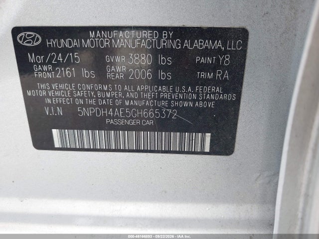 46166893 :رقم المزاد ، 5NPDH4AE5GH665372 vin ، 2016 Hyundai Elantra Se مزاد بيع