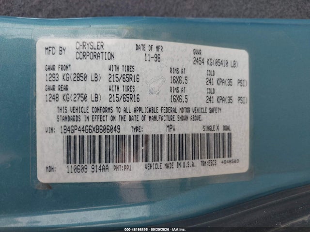 Продажа на аукционе авто 1999 Dodge Grand Caravan Se, vin: 1B4GP44G6XB606049, номер лота: 46166895