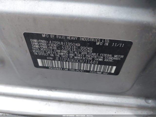 Aukcja sprzedaży 2012 Subaru Impreza 2.0i Sport Limited, vin: JF1GPAU60CH211449, numer aukcji: 46166908