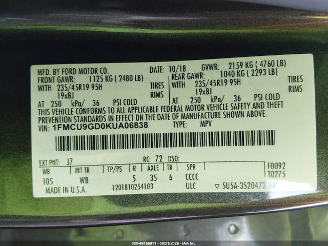 Продажа на аукционе авто 2019 Ford Escape Se, vin: 1FMCU9GD0KUA06838, номер лота: 46166911