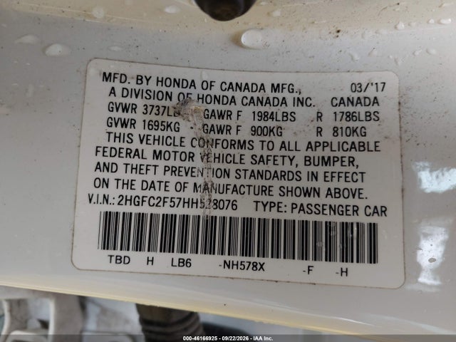 46166925 :رقم المزاد ، 2HGFC2F57HH528076 vin ، 2017 Honda Civic Lx مزاد بيع