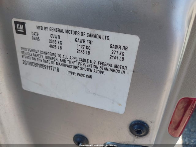 46166937 :رقم المزاد ، 2G1WC581869117716 vin ، 2006 Chevrolet Impala Lt مزاد بيع