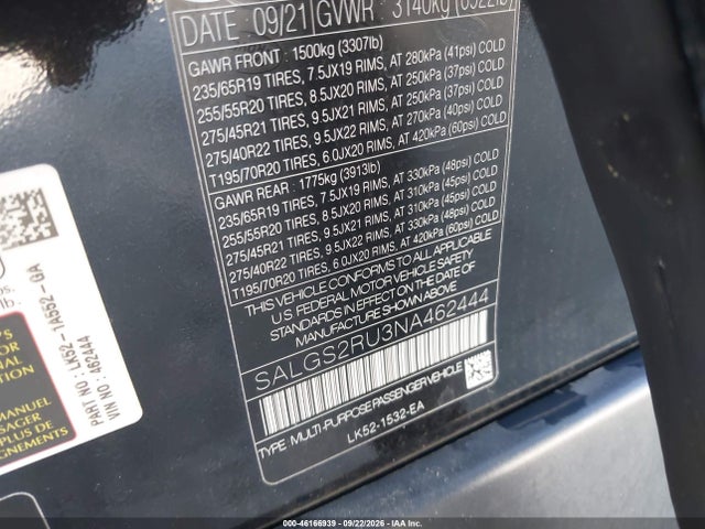 2022 Land Rover Range Rover Westminster მანქანა იყიდება აუქციონზე, vin: SALGS2RU3NA462444, აუქციონის ნომერი: 46166939