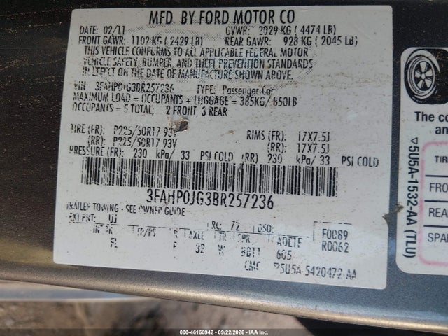 Продаж на аукціоні авто 2011 Ford Fusion Sel, vin: 3FAHP0JG3BR257236, номер лоту: 46166942
