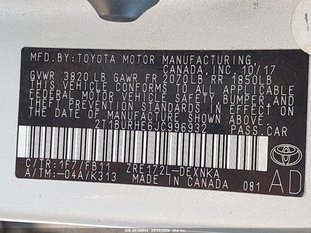2T1BURHE6JC996932 Toyota COROLLA LE