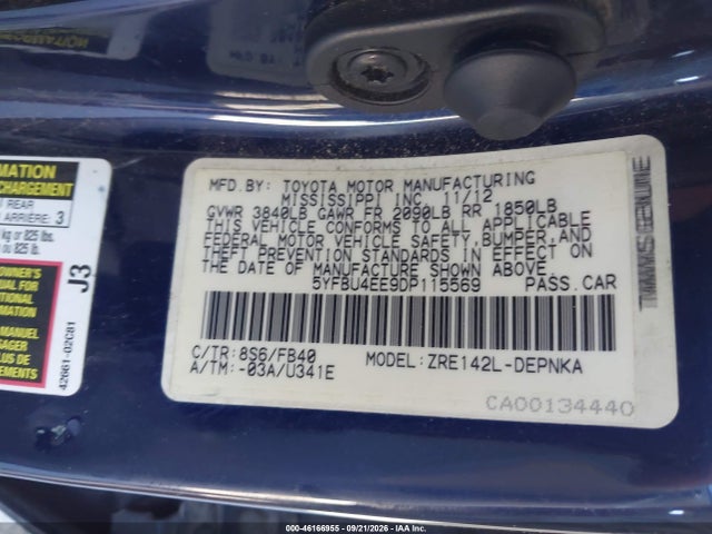 Aukcja sprzedaży 2013 Toyota Corolla Le, vin: 5YFBU4EE9DP115569, numer aukcji: 46166955