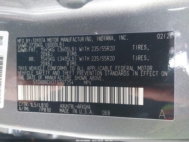 Продаж на аукціоні авто 2026 Toyota Highlander Hybrid Limited, vin: 5TDXBRCH3TS707254, номер лоту: 46166960