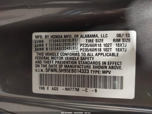 Продаж на аукціоні авто 2014 Honda Odyssey Touring/touring Elite, vin: 5FNRL5H95EB014323, номер лоту: 46166968