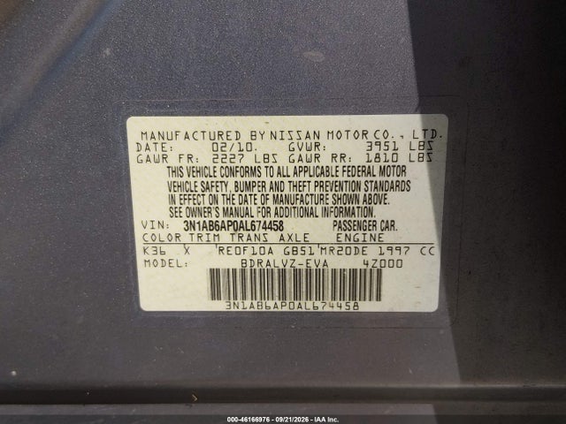 2010 Nissan Sentra 2.0sl მანქანა იყიდება აუქციონზე, vin: 3N1AB6AP0AL674458, აუქციონის ნომერი: 46166976