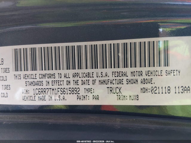 Продажа на аукционе авто 2015 Ram 1500 Outdoorsman, vin: 1C6RR7TM1FS615892, номер лота: 46167002