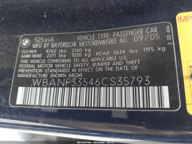 Продажа на аукционе авто 2006 Bmw 525xi, vin: WBANF33546CS35793, номер лота: 46167004