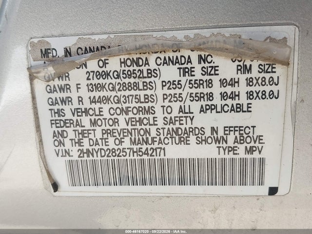 Продажа на аукционе авто 2007 Acura Mdx, vin: 2HNYD28257H542171, номер лота: 46167020