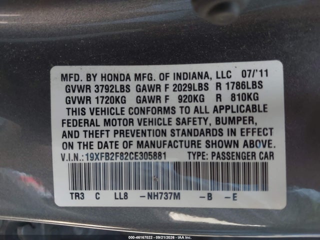 46167022 :رقم المزاد ، 19XFB2F82CE305881 vin ، 2012 Honda Civic Ex مزاد بيع