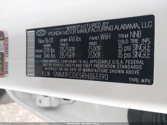 46167032 :رقم المزاد ، 5NMJFCDE5RH353390 vin ، 2024 Hyundai Tucson Sel مزاد بيع