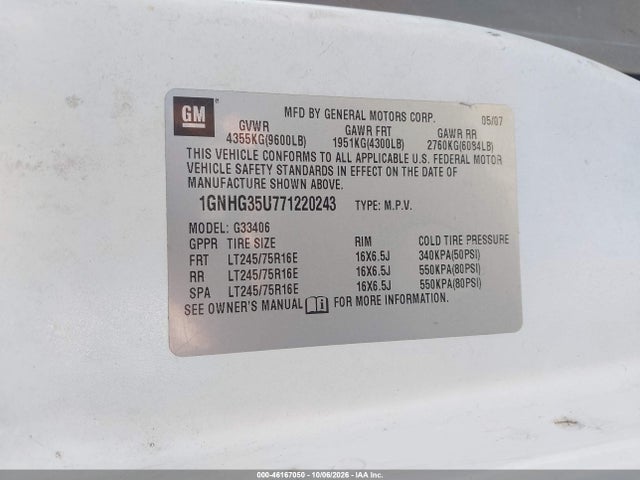 Aukcja sprzedaży 2007 Chevrolet Express Ls, vin: 1GNHG35U771220243, numer aukcji: 46167050