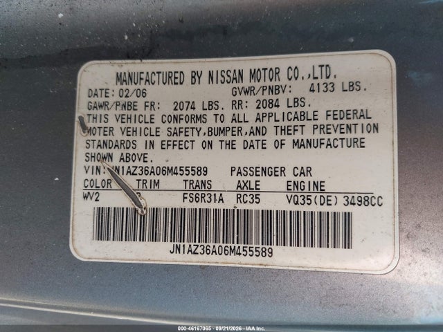 Aukcja sprzedaży 2006 Nissan 350z Grand Touring, vin: JN1AZ36A06M455589, numer aukcji: 46167065