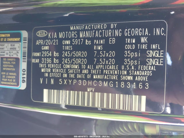 Aukcja sprzedaży 2021 Kia Telluride Ex, vin: 5XYP3DHC3MG183163, numer aukcji: 46167073