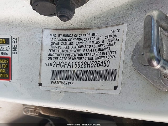 46167079 :رقم المزاد ، 2HGFA16928H526450 vin ، 2008 Honda Civic Ex-l مزاد بيع