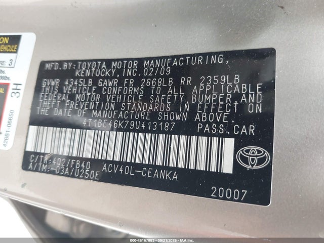 Aukcja sprzedaży 2009 Toyota Camry Le, vin: 4T1BE46K79U413187, numer aukcji: 46167083
