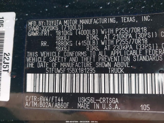 46167084 :رقم المزاد ، 5TFUW5F15BX181295 vin ، 2011 Toyota Tundra Grade 5.7l V8 مزاد بيع