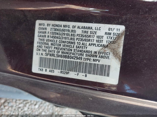 46167090 :رقم المزاد ، 5FNRL5H69BB042949 vin ، 2011 Honda Odyssey Ex-l مزاد بيع