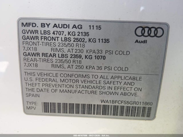 Aukcja sprzedaży 2016 Audi Q3 2.0t Premium Plus, vin: WA1BFCFS5GR011660, numer aukcji: 46167096