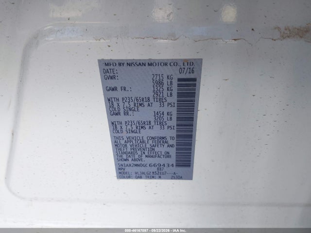 Aukcja sprzedaży 2016 Nissan Pathfinder Sl, vin: 5N1AR2MN0GC669434, numer aukcji: 46167097