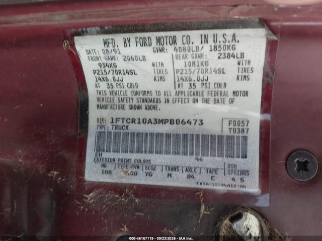 Продажа на аукционе авто 1991 Ford Ranger, vin: 1FTCR10A3MPB06473, номер лота: 46167119
